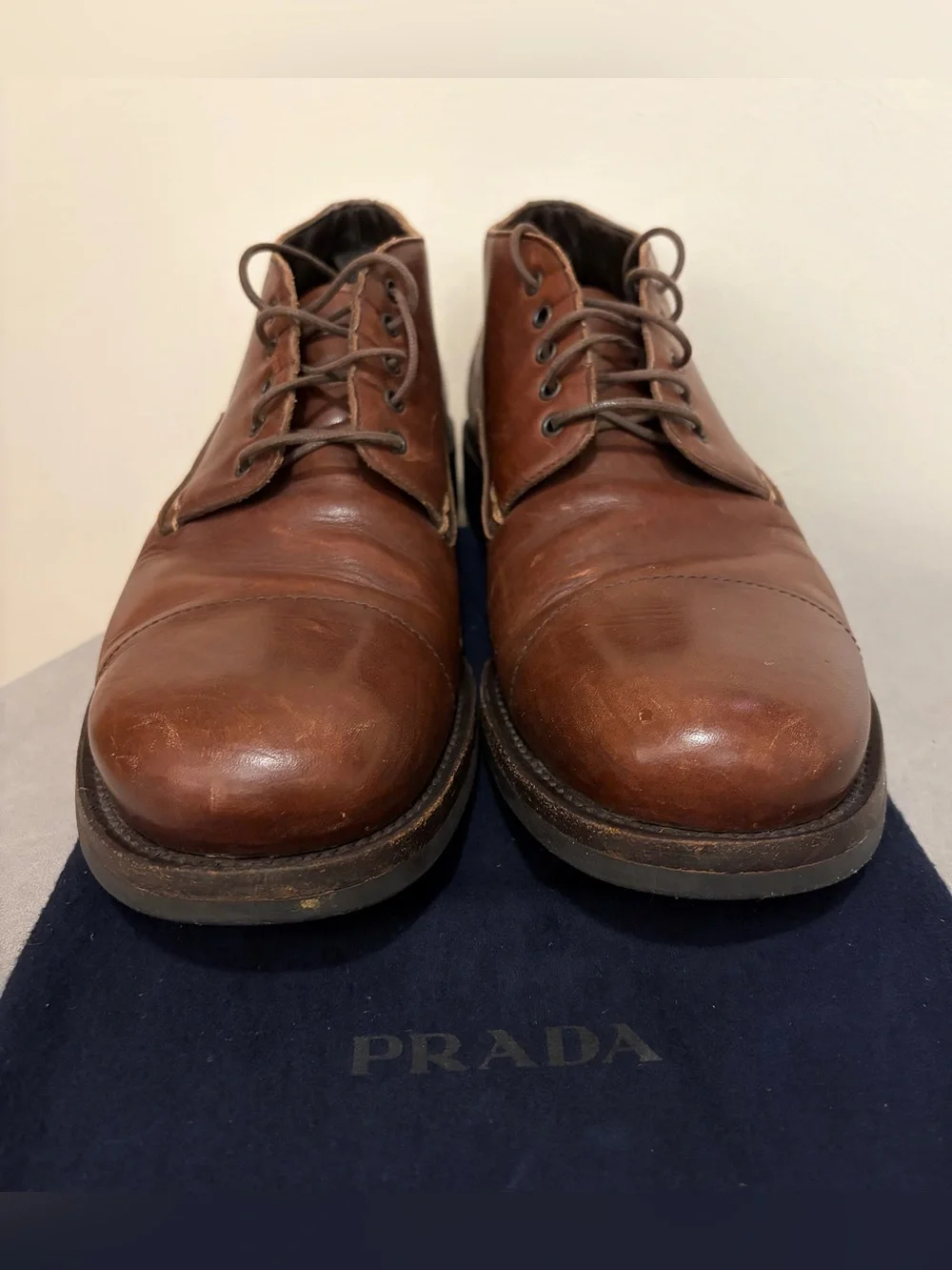 Vintage Prada Men’s Brown Leather Chukka Boots with Lace-Up Size: 8.5